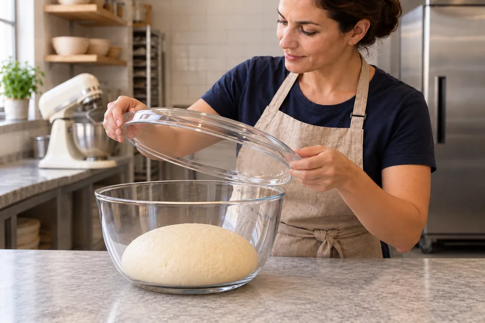 A covered bowl holds a visibly risen enriched dough.