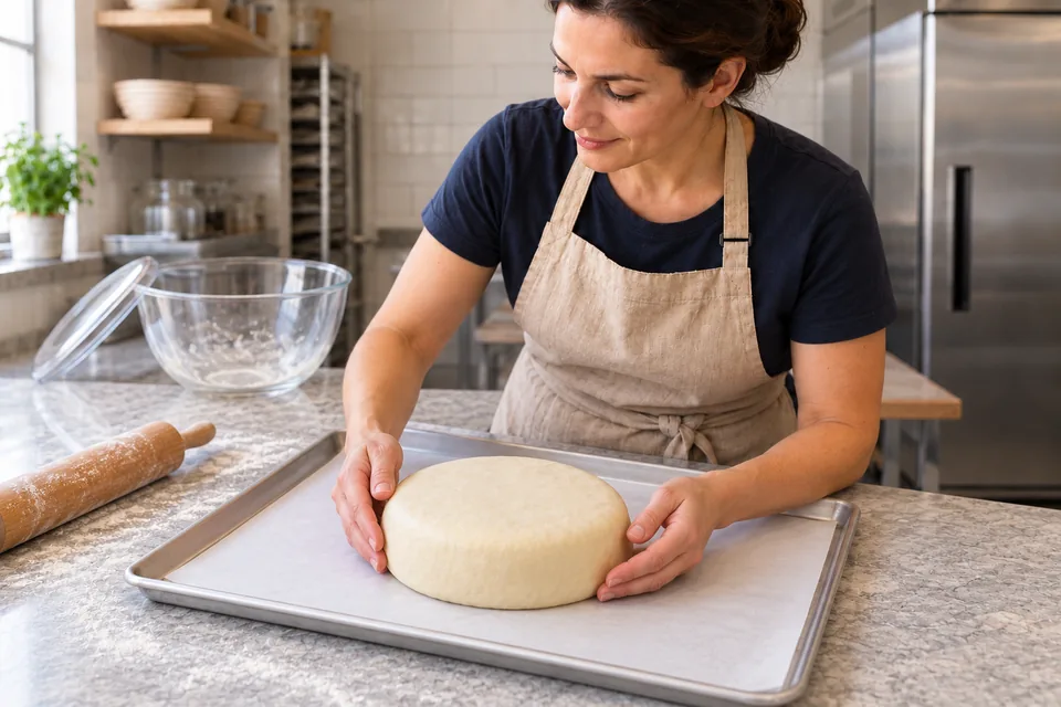 One whole Brie wheel is enclosed in a smooth dough parcel on a lined tray.