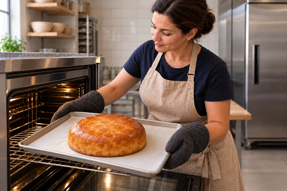 The cook lifts a tray holding one golden enclosed Brie parcel.