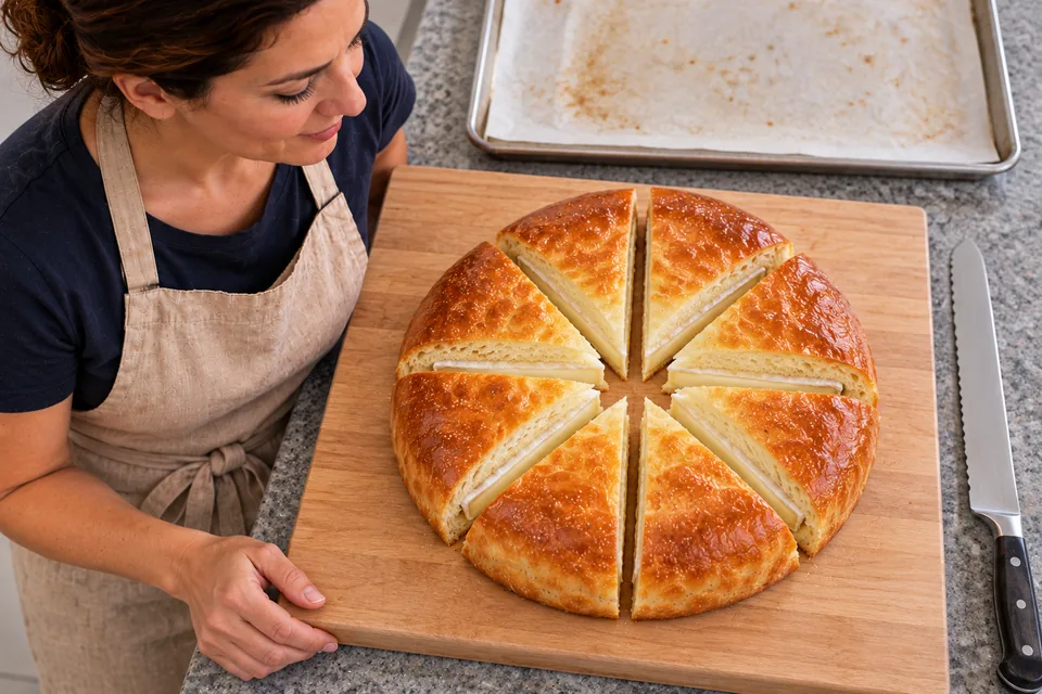 Eight wedges of a warm Brie parcel show cooked bread around soft cheese.