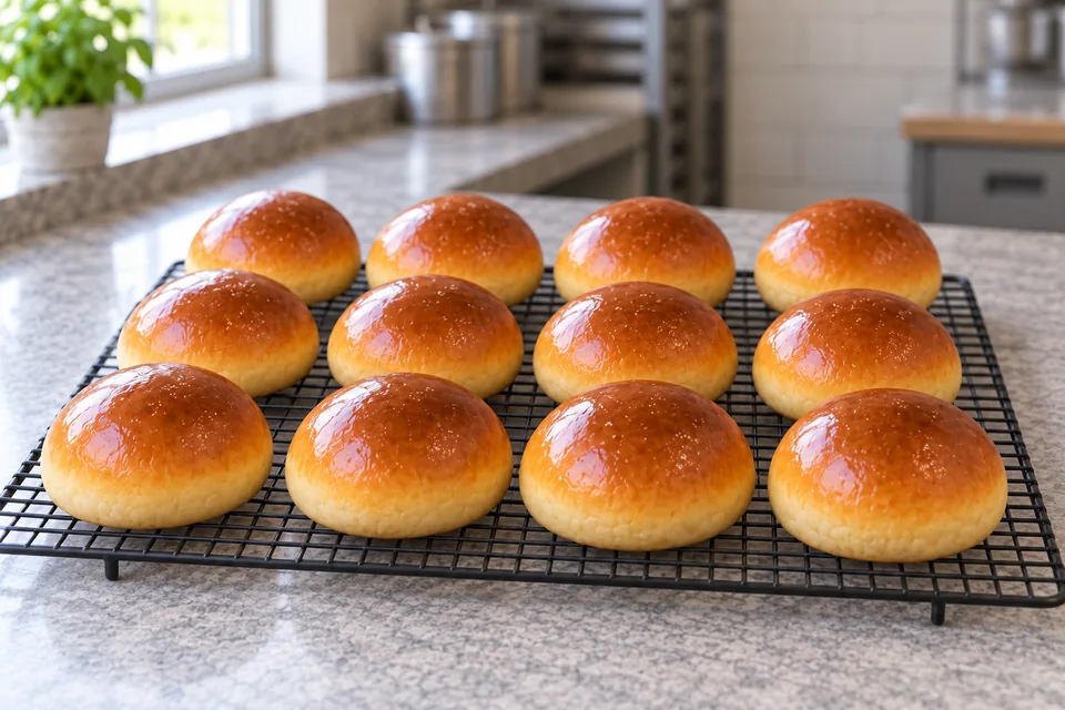 Twelve glossy golden round brioches arranged in three rows on a black cooling rack.