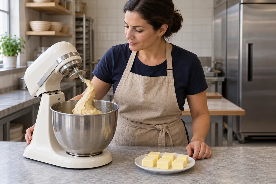 Baker beside a stopped stand mixer holding elastic dough on its hook, with six butter pieces on a plate.