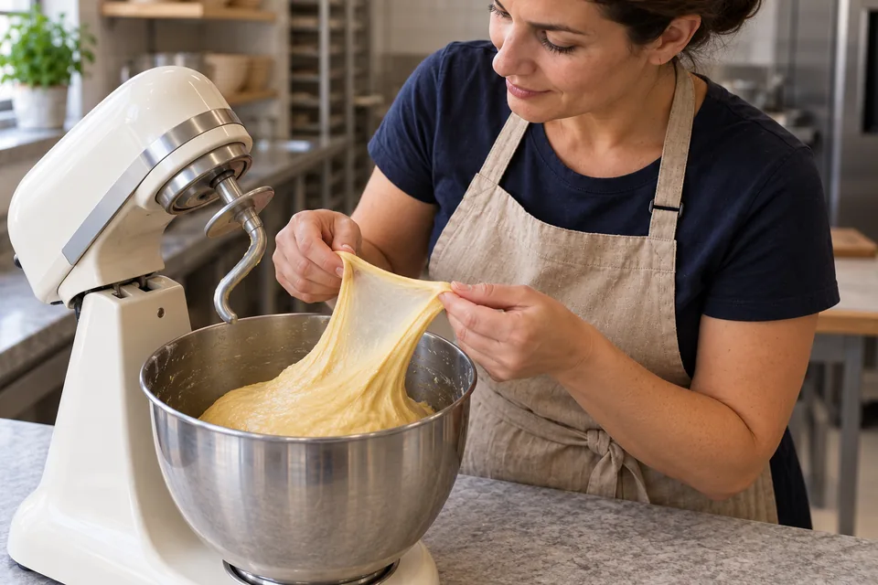 Baker gently stretches a glossy thin sheet of brioche dough above the mixer bowl.