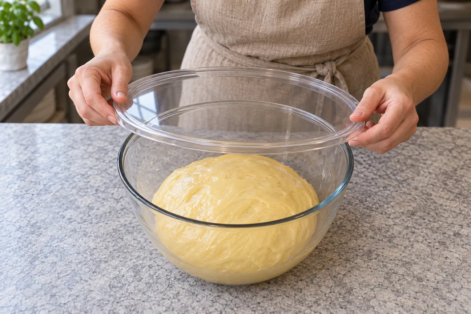 Hands lower a clear cover over a glass bowl containing a glossy dome of brioche dough.