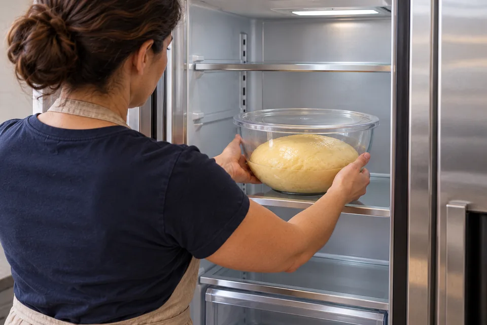 Baker places the covered glass bowl of brioche dough on a refrigerator shelf.
