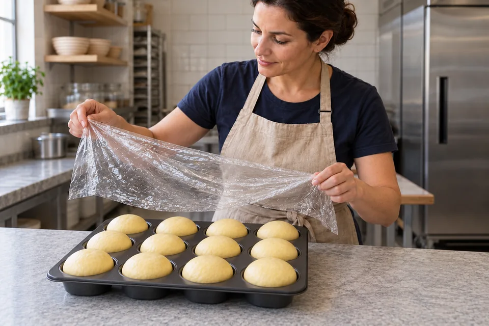 Baker lifts a loose transparent cover above twelve risen pale brioche domes in the muffin tin.