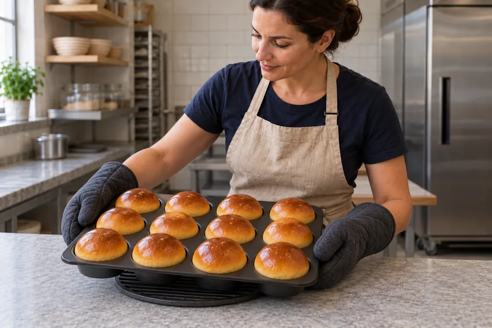 Baker wearing oven mitts lowers a tin of twelve golden round brioches onto a trivet.