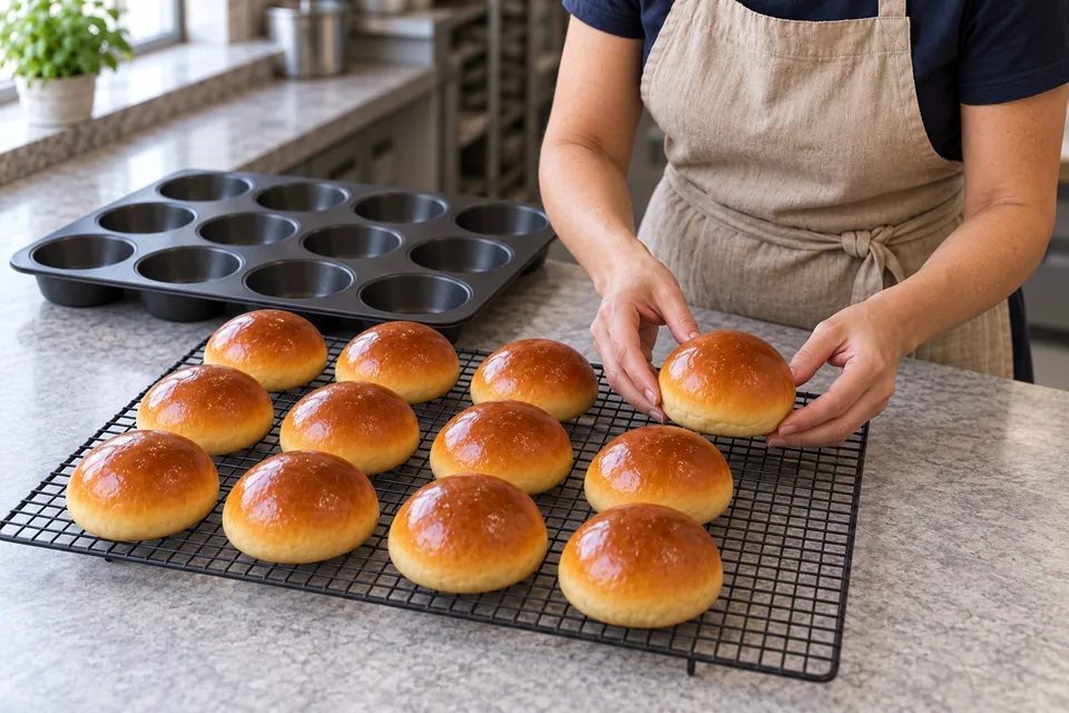 Baker sets the last of twelve golden brioches on a wire rack beside the empty muffin tin.