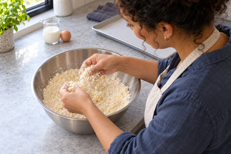 Fingertips rubbing cold butter into a loose flour mixture in the steel bowl.