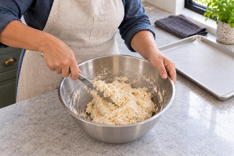 A blunt table knife lifting rough, cohesive scone dough in the steel bowl.