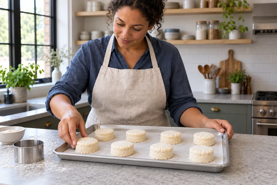Eight thick raw scone rounds spaced apart on a parchment-lined baking tray.
