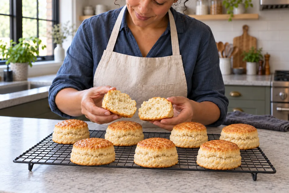 Seven whole golden scones and one split scone with tender crumb above a cooling rack.