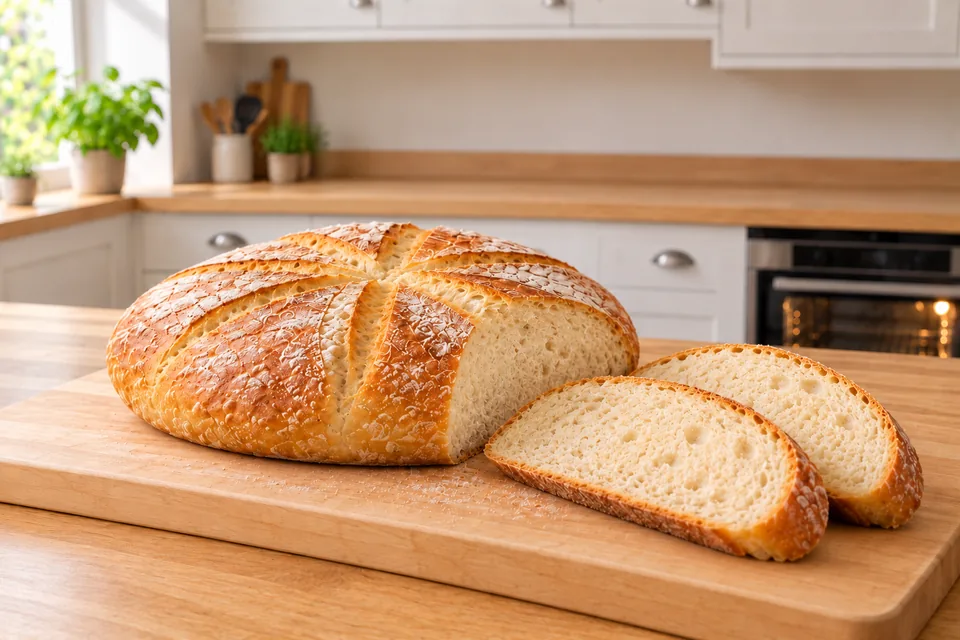Two slices show the fine set crumb of a low round loaf.