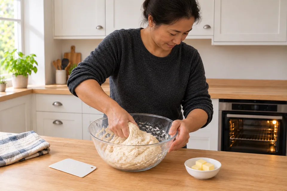 The cook brings the white dough together while the softened butter waits separately.