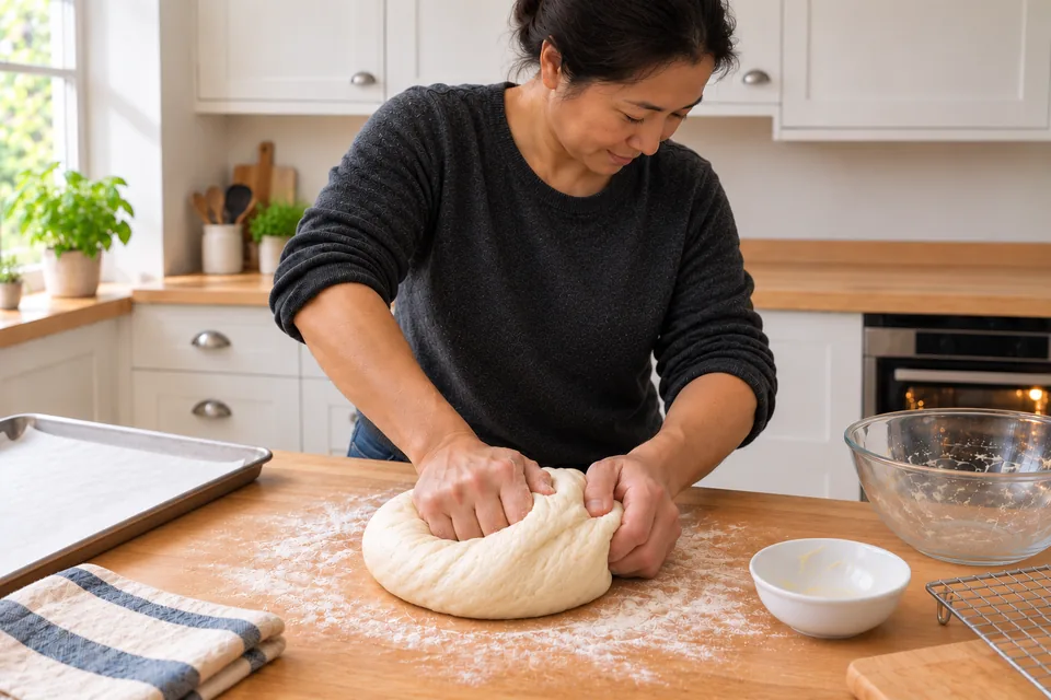 Hands knead one smooth butter-enriched dough on the oak worktop.