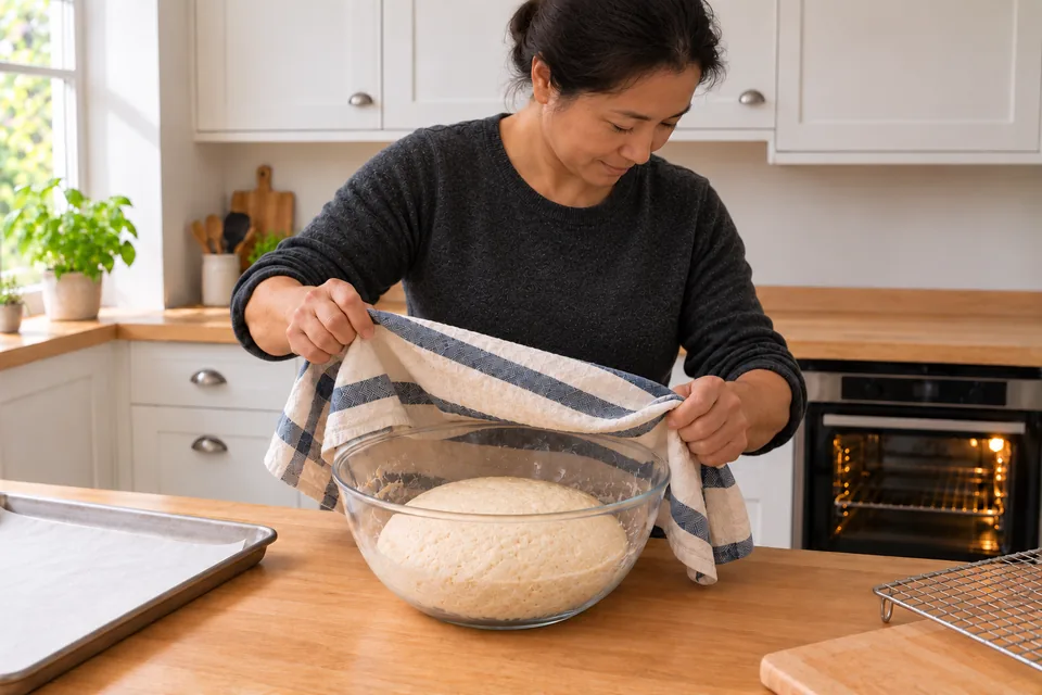 The striped cover lifts from airy dough in a clear bowl.