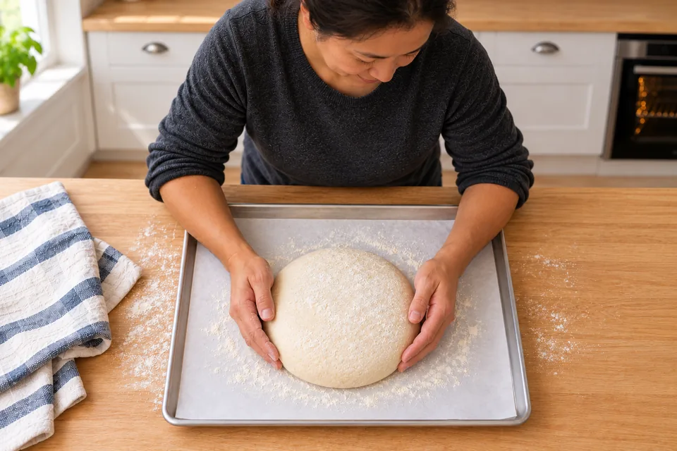 Hands shape one low round on a paper-lined aluminum tray.