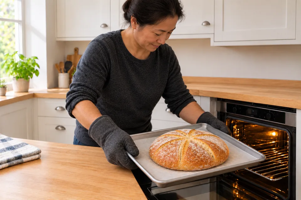 The cook supports one browned round loaf with six radial expansion marks.