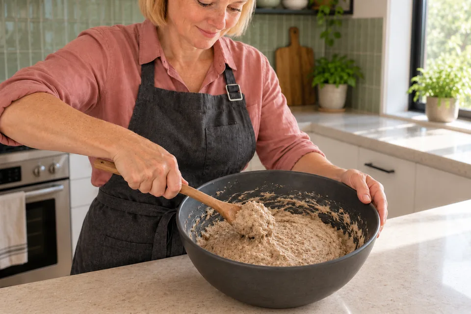 The cook works a wooden spoon through a compact, sticky brown-grey dough before adding caraway.