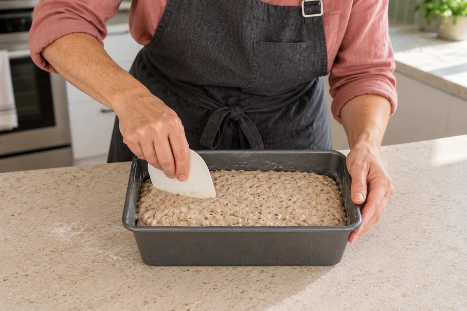 The cook smooths one level, caraway-speckled rye loaf into the corners of a dark tin.