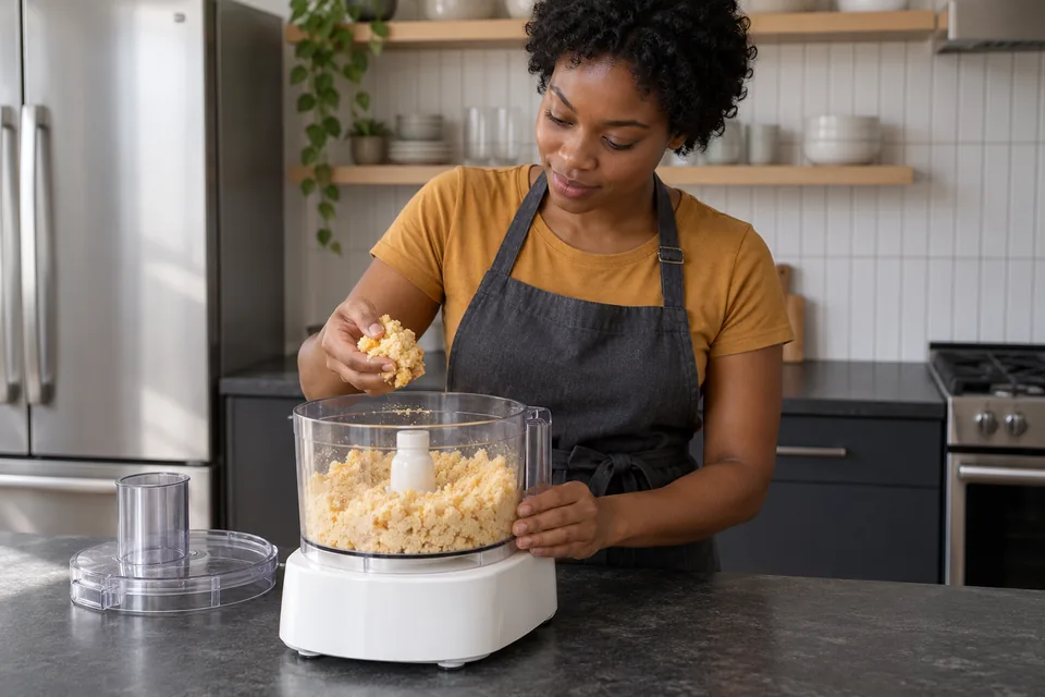 Baker squeezes a clump of pale golden cheese dough above an open food processor.
