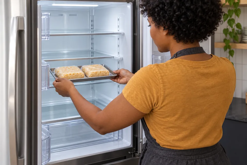 Baker places two wrapped square slabs of cheese dough on a refrigerator shelf.