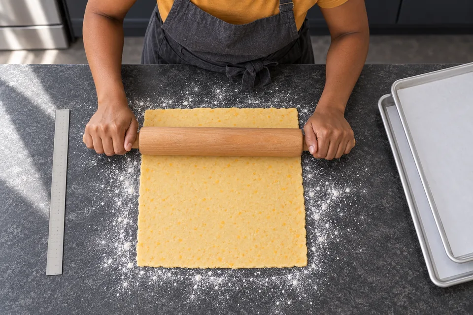 Baker rolls a thin square of pale golden cheese dough beside two lined trays.
