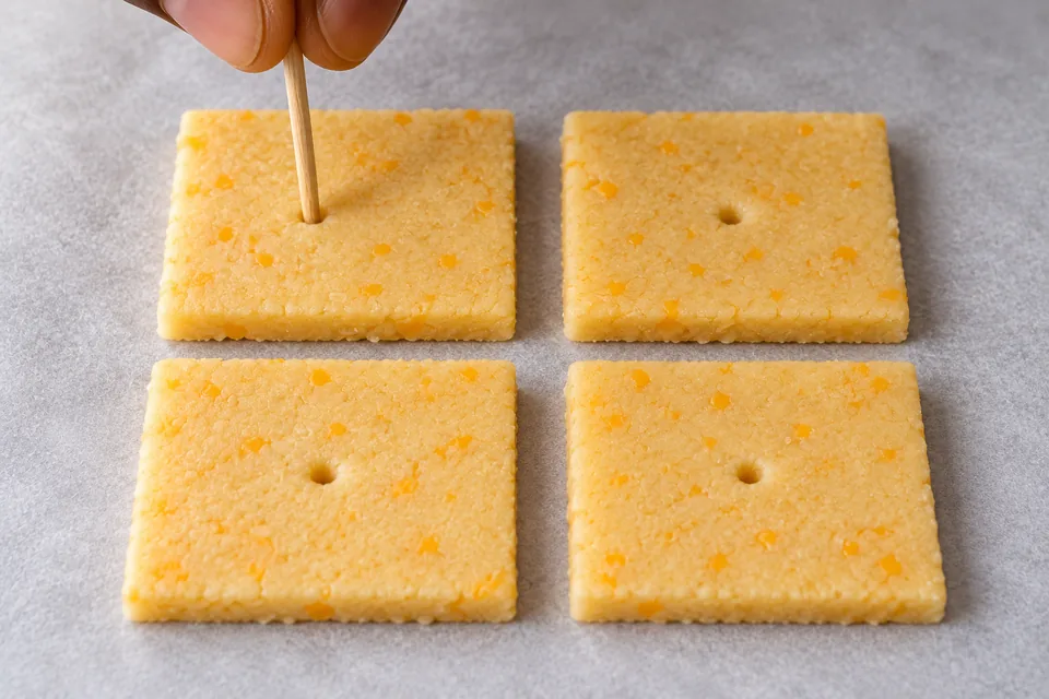 A wooden skewer pierces the centre of one of four small raw cheese-cracker squares on parchment.