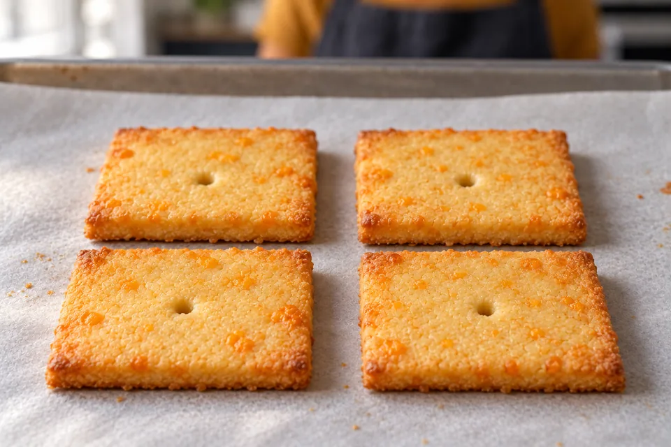 Four small cheese crackers on parchment have golden-brown edges, dry centres and single centre holes.