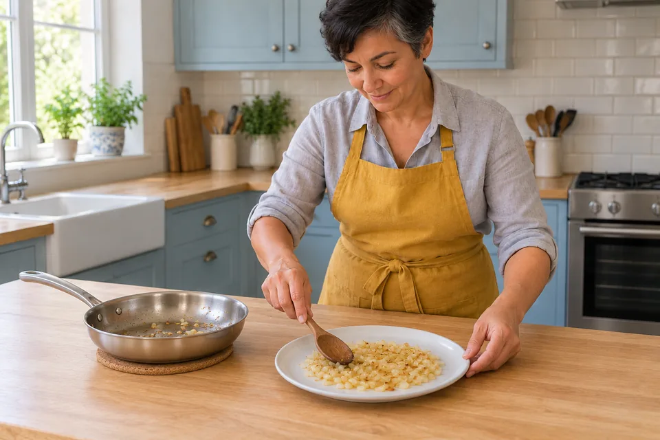 The cook spreads a small portion of tender golden onion on a plate.