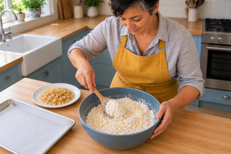 A wooden spoon stirs grated Cheddar through the flour mixture.