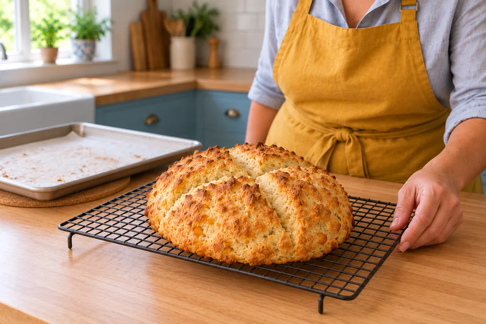 One whole cheese-and-onion soda loaf cools on a wire rack.