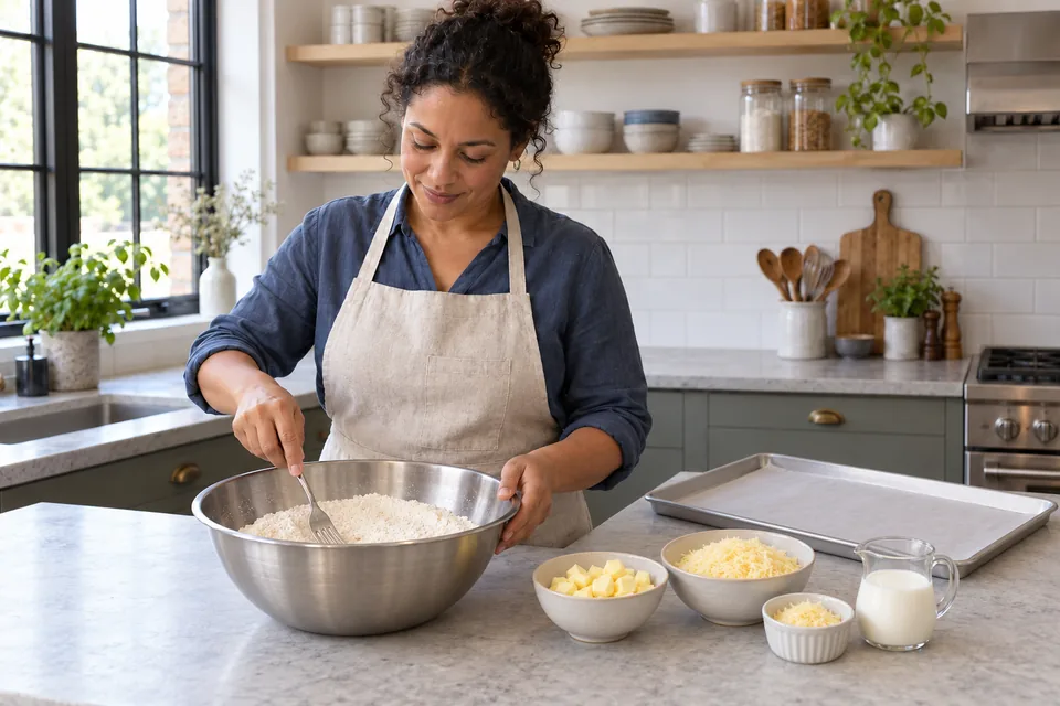 Cook stirring the dry cheese-scone ingredients with a fork in a steel bowl.