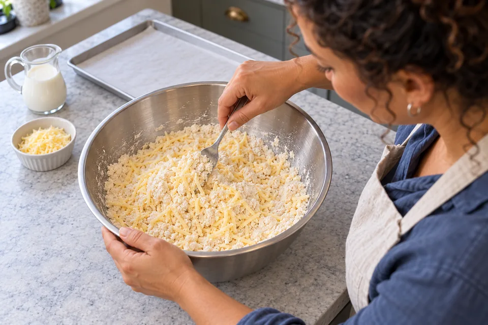 A fork mixing fine Cheddar shreds through loose flour-and-butter crumbs.