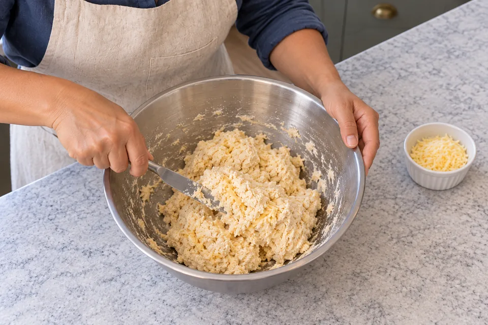 A blunt knife lifting soft cheese-scone dough in the steel bowl.