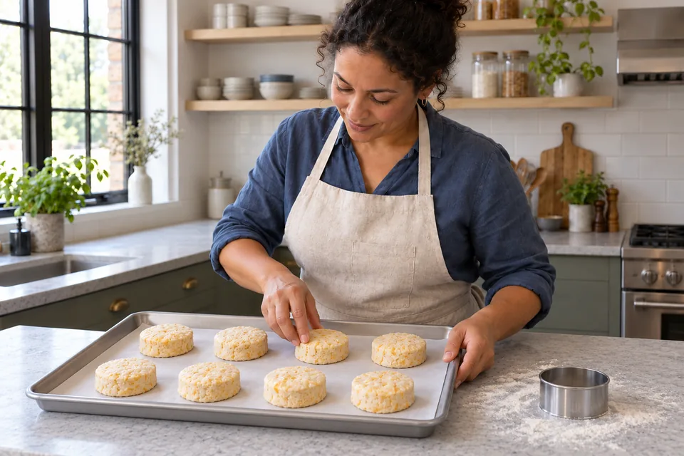 Eight wide raw cheese-scone rounds spaced on a lined tray.