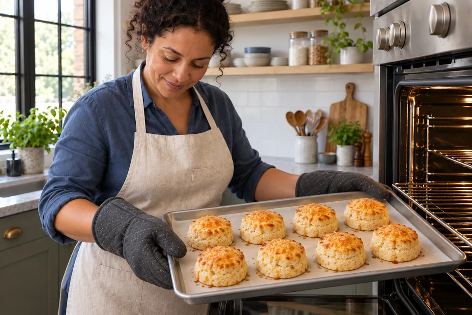 Cook holding a tray of eight risen scones with golden melted-cheese tops.