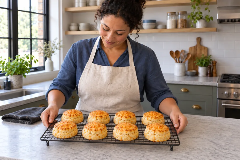 Eight golden cheese scones spaced on a black cooling rack.