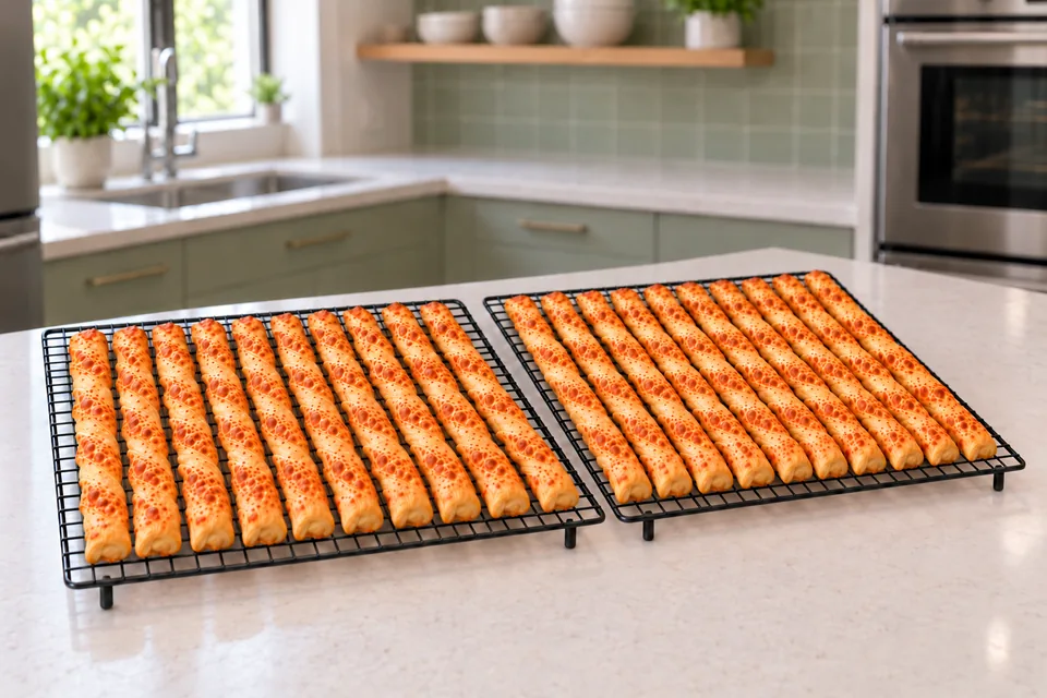 Twenty long golden Parmesan twists on two wire racks.