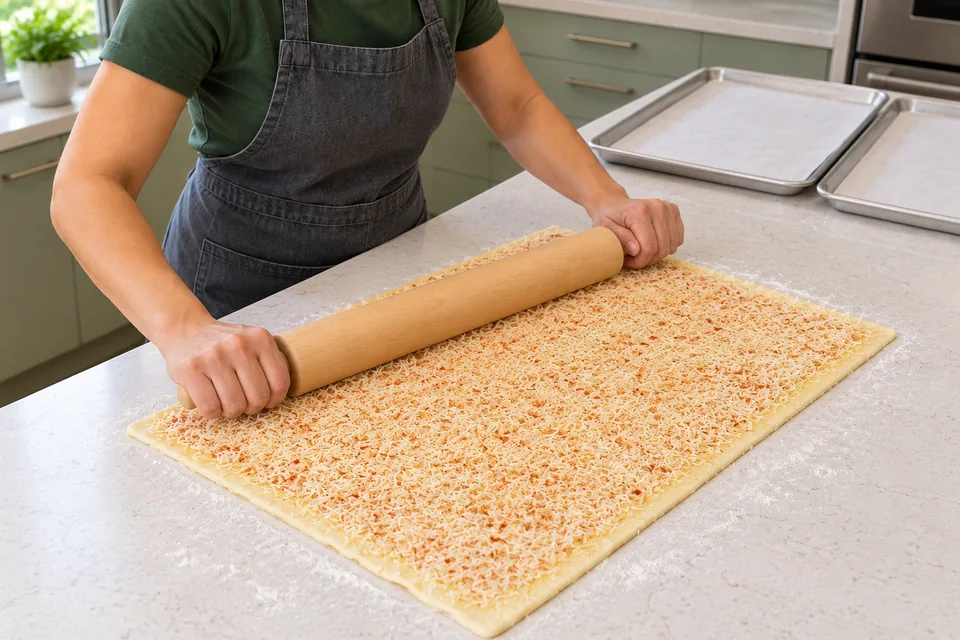 A rolling pin lightly pressing grated Parmesan and a little paprika onto a pastry sheet.