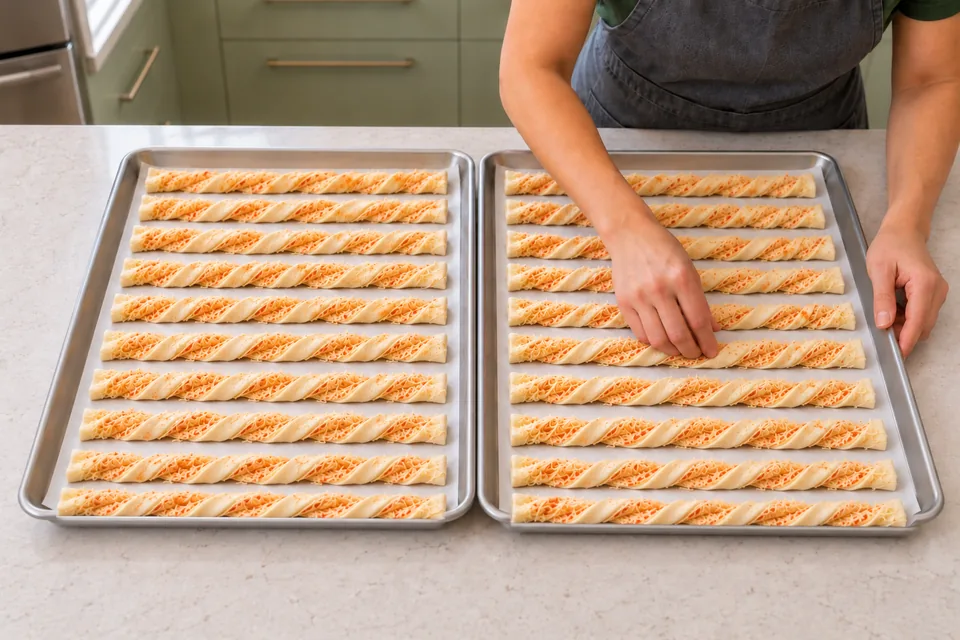 Twenty raw pastry twists arranged in two parchment-lined trays, ten in each.