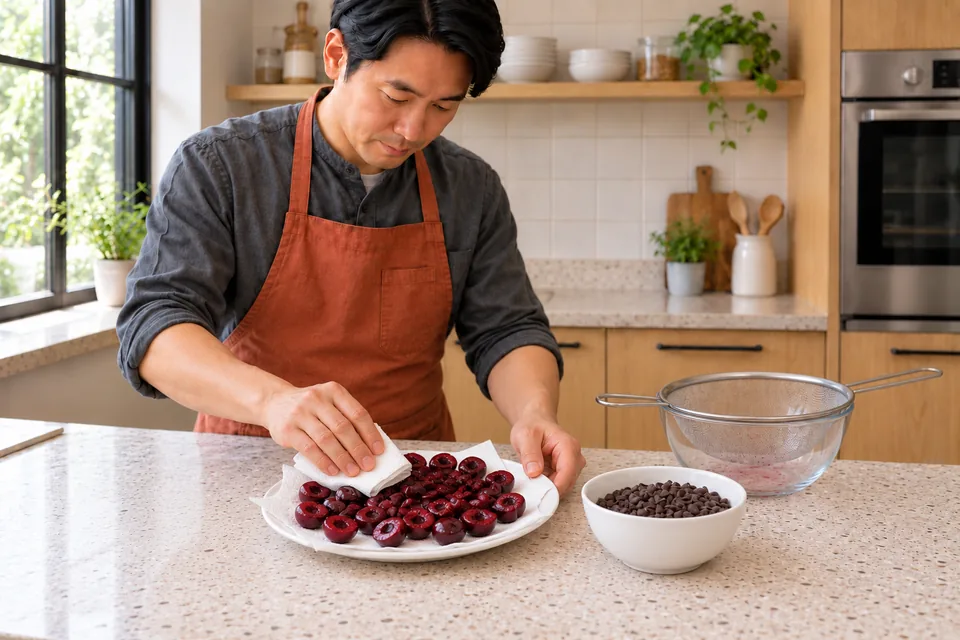 Cook beside prepared dark-red sour cherry halves and a separate bowl of chocolate chips.
