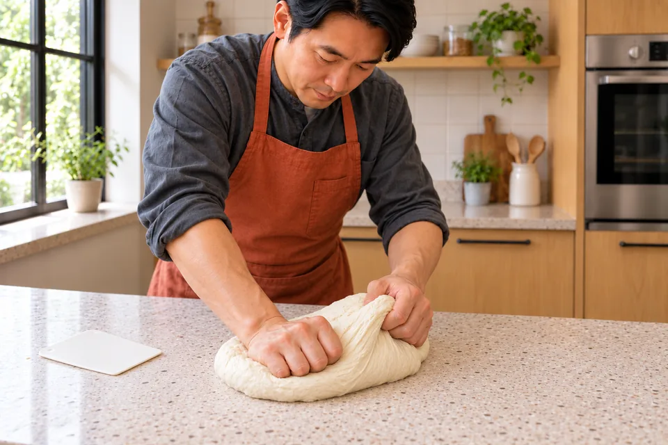 Hands knead one soft pale yeast dough on the worktop.