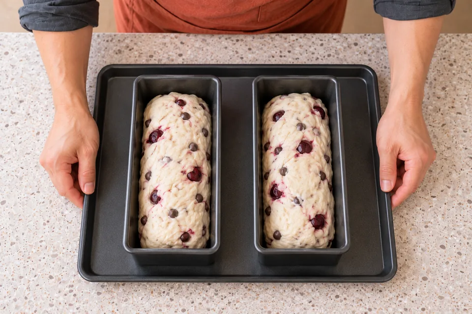 Two pale fruit-and-chocolate dough logs sit in separate small oiled tins.
