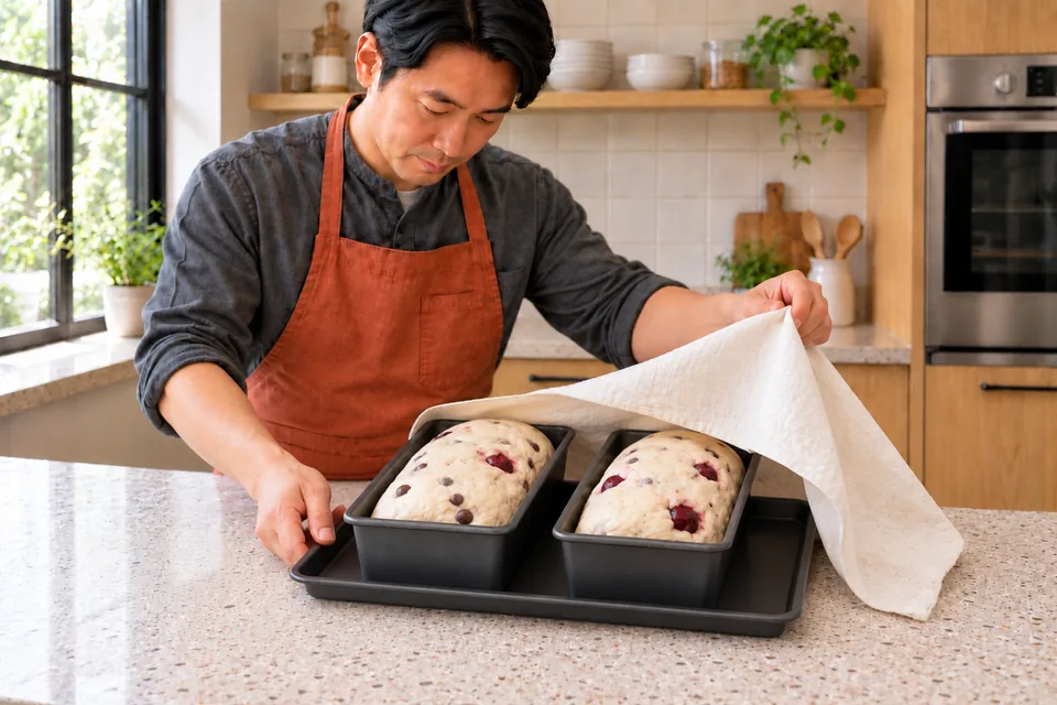 Cook lifts a cloth from two risen small loaves.