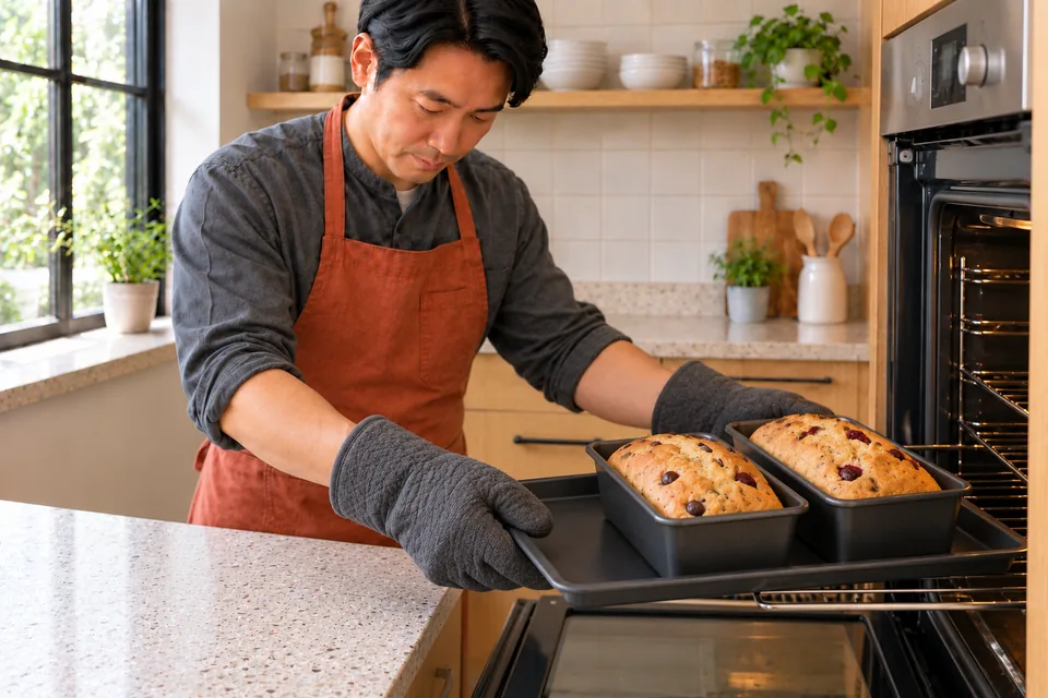 Cook uses two oven gloves to support two baked loaves together on a carrier tray.