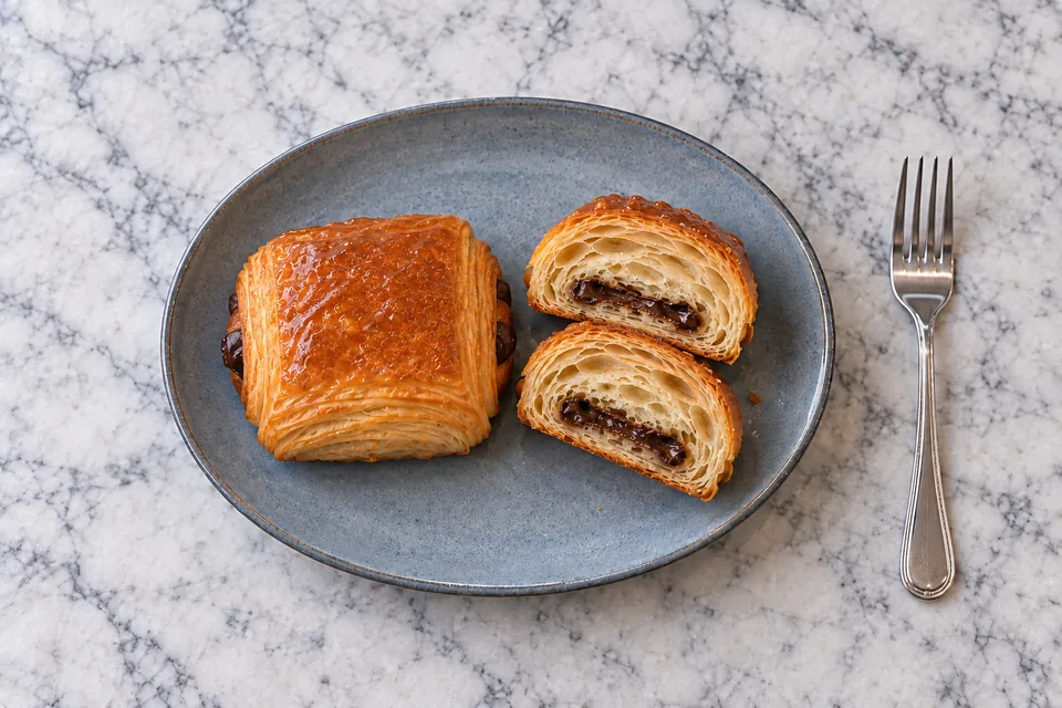 One whole chocolate roll and two matching halves show flaky pastry and a dark chocolate centre.