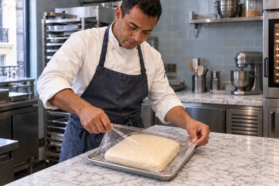 One thick unlaminated dough square is enclosed in clear wrap.