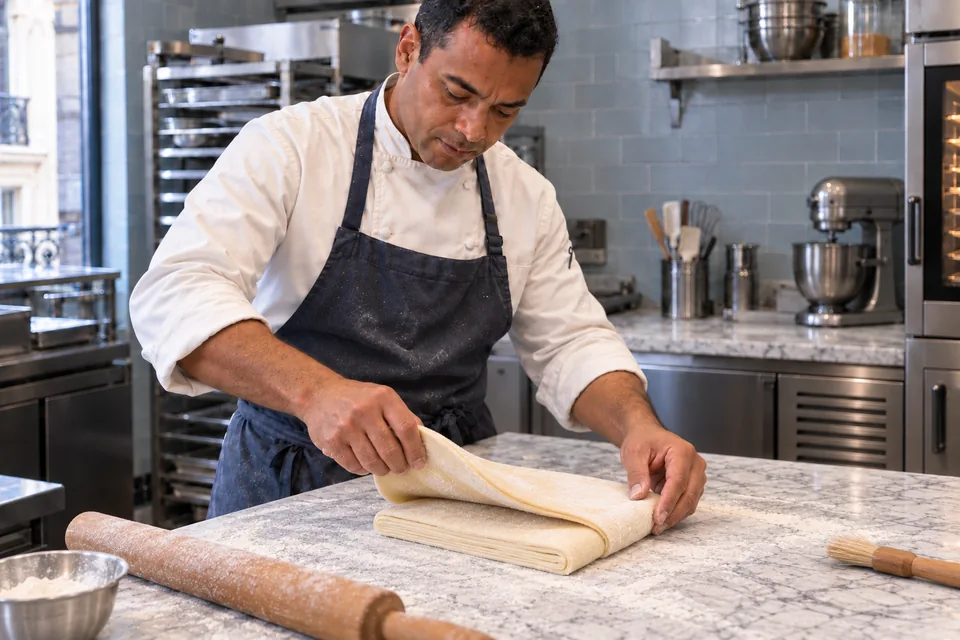 The chef closes the book fold of one cool laminated packet.