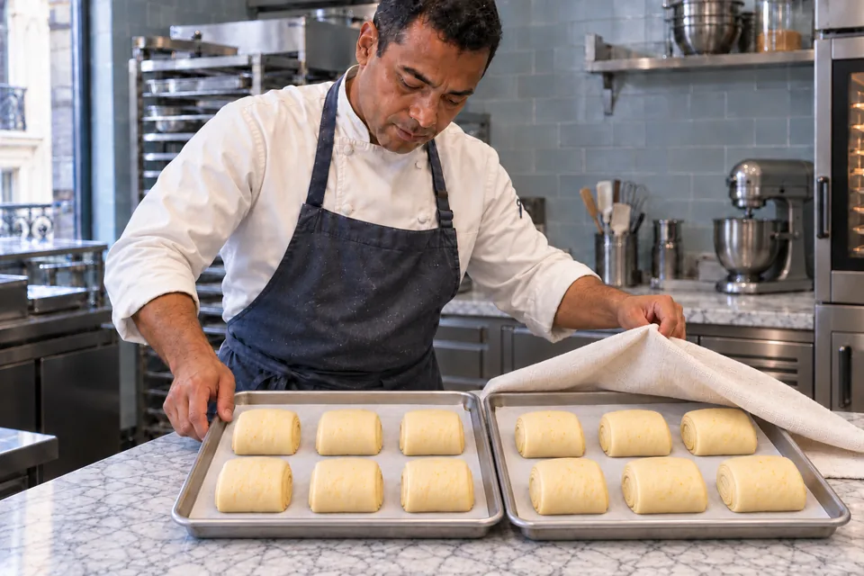 The chef checks two trays of puffy rectangular rolls before sequential baking.